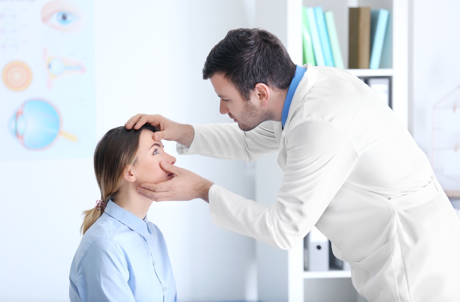 An eye doctor assessing the health of their patient's eyelids.