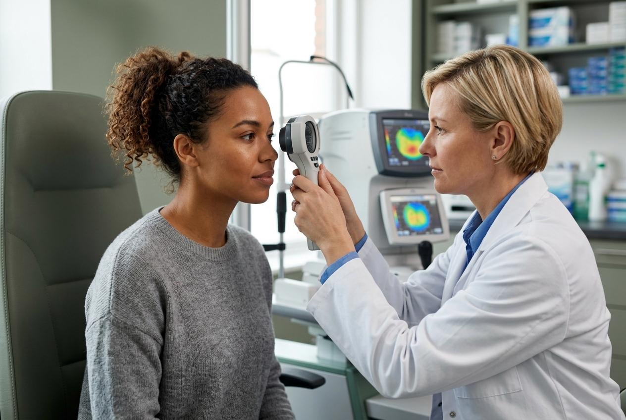 Optometrist holding a handheld eye scanner close to a seated patient's eye during an exam, with diagnostic screens visible in the background.