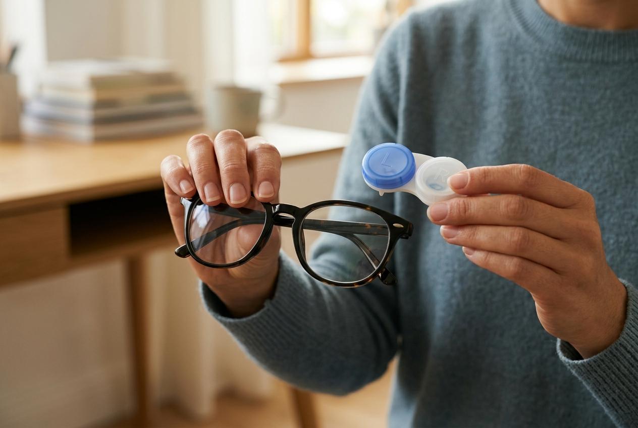Person holding a pair of glasses in one hand and an open contact lens case in the other, indoors near a desk.