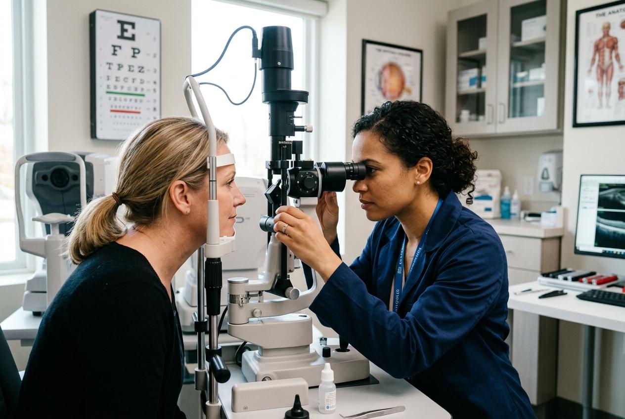 Optometrist examines a patient's eyes using a slit lamp in an exam room with an eye chart on the wall.