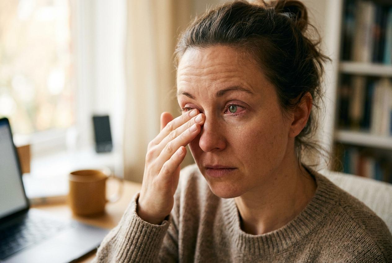 Woman in a beige sweater rubbing her red, irritated eye while sitting at a desk with a laptop and mug near a window.